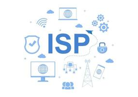 isp of internetprovider cartoon afbeelding met trefwoorden en pictogrammen voor intranettoegang, beveiligde netwerkverbinding en privacybescherming vector