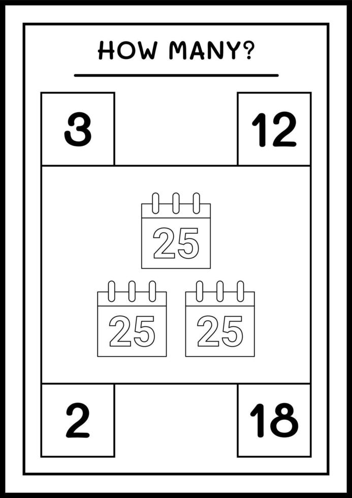 Wie viele Weihnachtskalender, Spiel für Kinder. Vektorillustration, druckbares Arbeitsblatt vektor