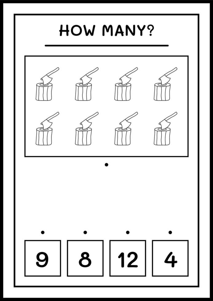 hur många stubbe med yxa, spel för barn. vektor illustration, utskrivbart kalkylblad