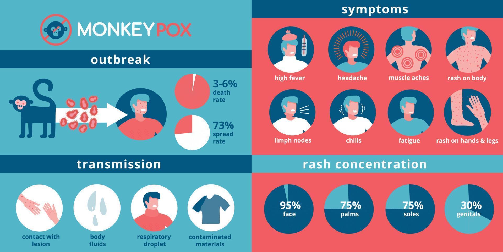 Affenpockenvirus-Infografiken zu Übertragung, Symptomen und Vorbeugung. Informationen zum Ausbruch der Affenpockenkrankheit flache Vektorillustration mit runden Symbolen. vektor