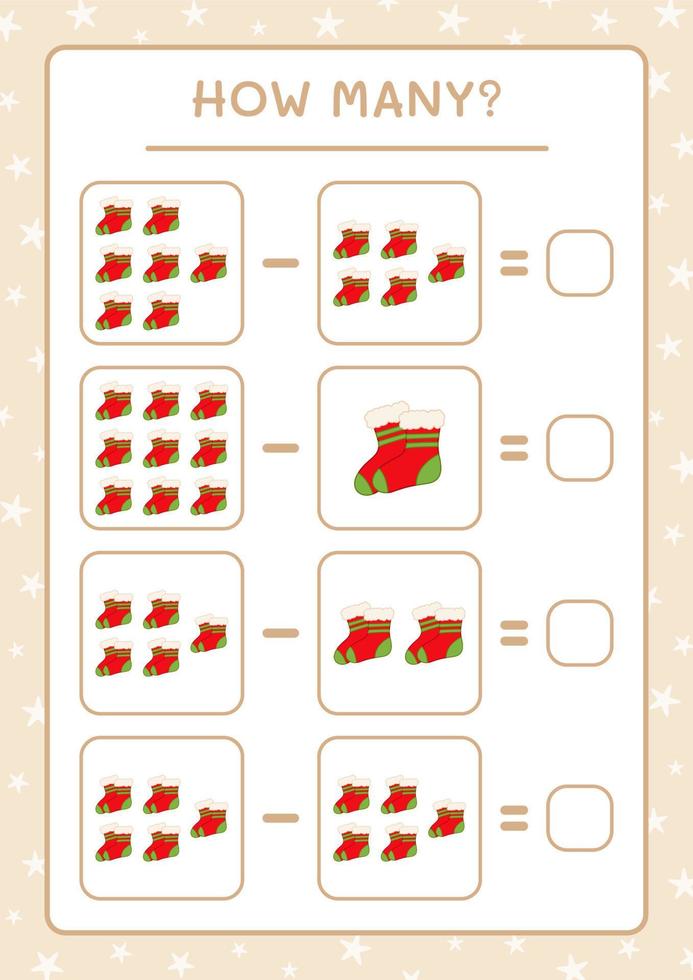 hur många julstrumpor, spel för barn. vektor illustration, utskrivbart kalkylblad