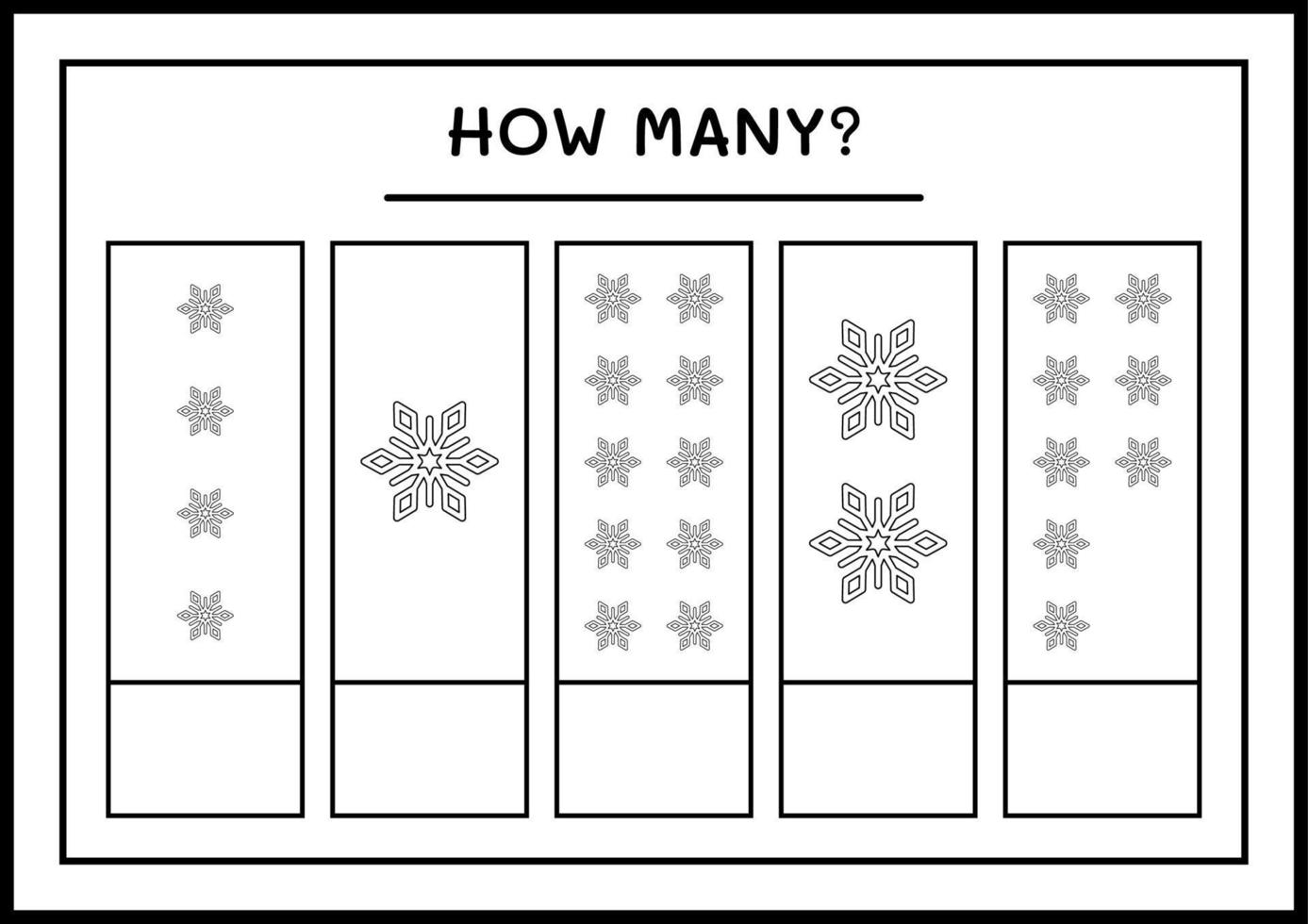 hur många snöflinga, spel för barn. vektor illustration, utskrivbart kalkylblad