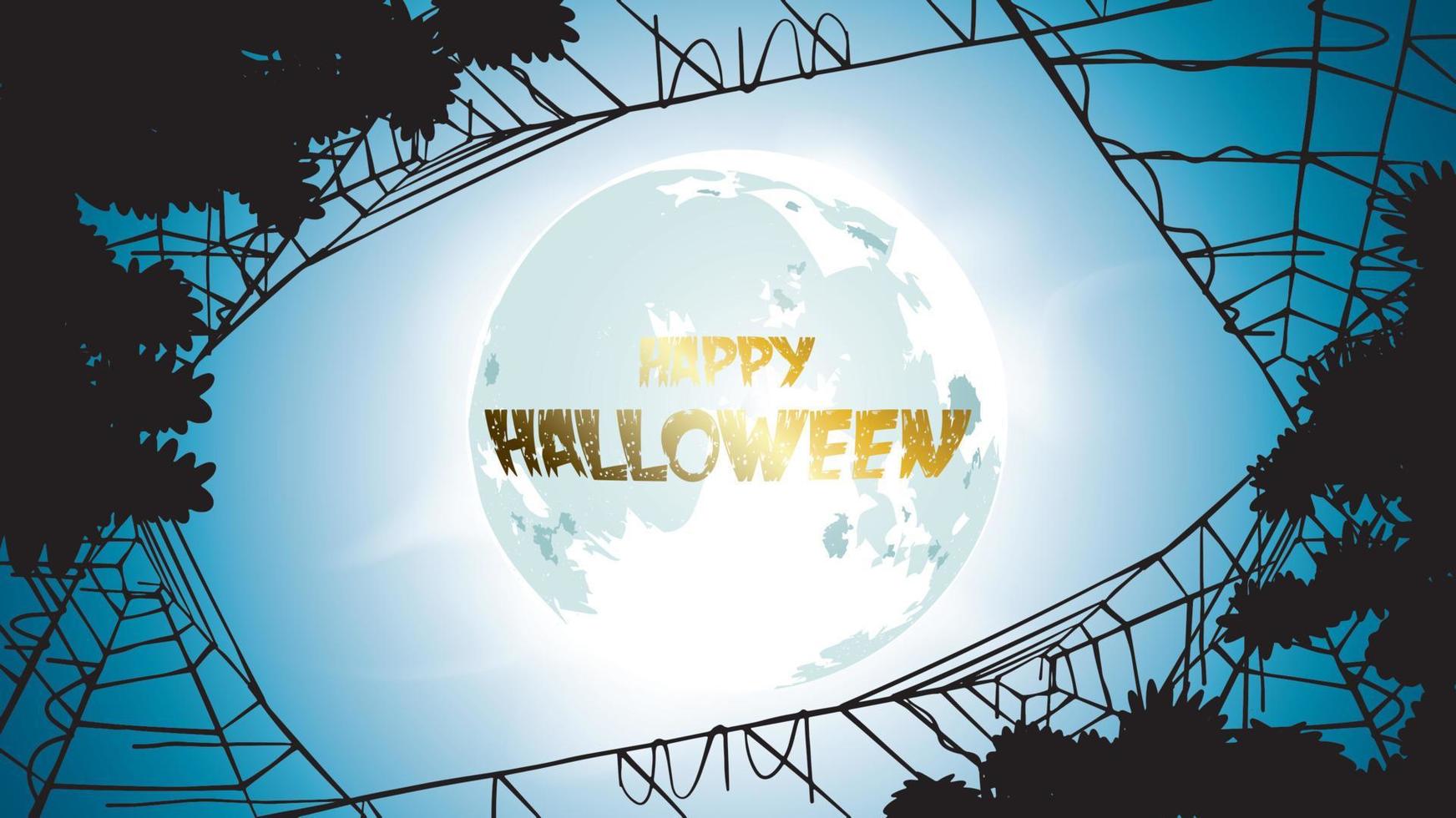 dunkler halloween-hintergrund mit mond auf blauem himmel, spinnen und fledermäusen, illustration. flyer oder einladungsvorlage für banner, party, einladung. Vektorillustration mit Platz für Ihren Text vektor