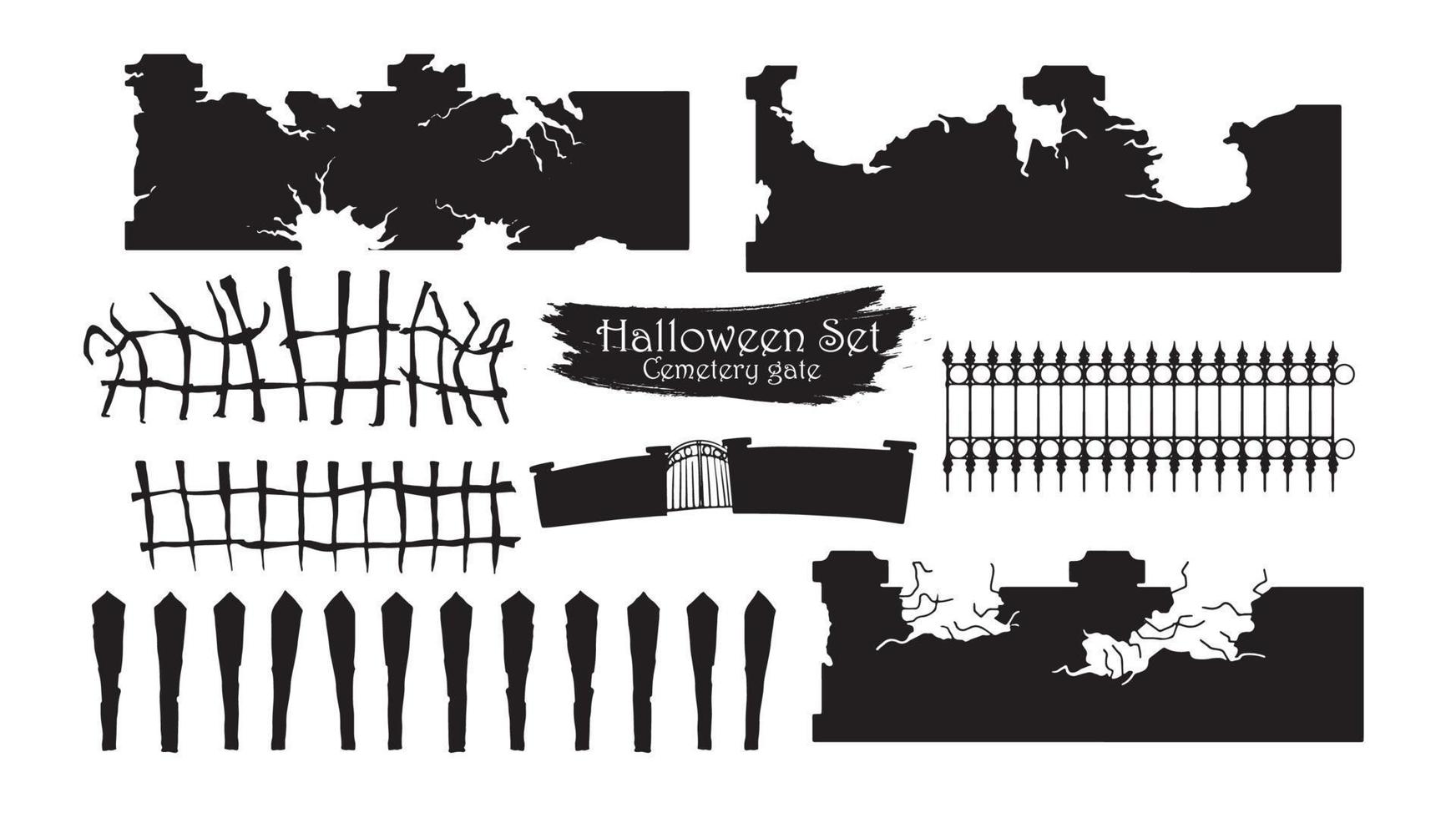 gruselige Friedhofstorschattenbildsammlung des Halloween-Vektors lokalisiert auf weißem Hintergrund. gruseliges, verfolgtes und gruseliges Fechtelement vektor