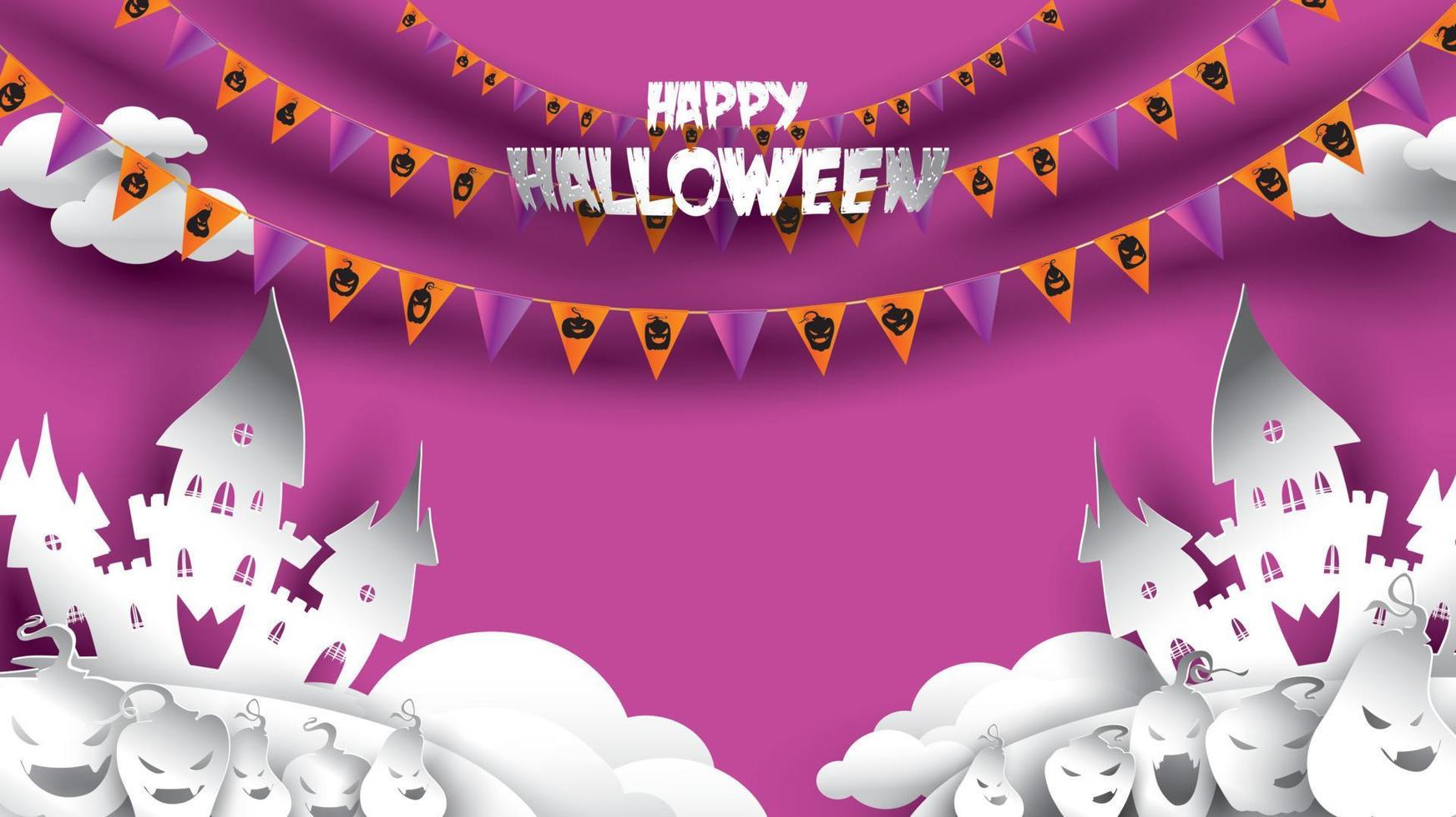 halloween bakgrund med pumpa, spökhus och fullmåne i papperskonst carving stil. banner, affisch, flyer eller inbjudningsmall fest. vektor illustration.