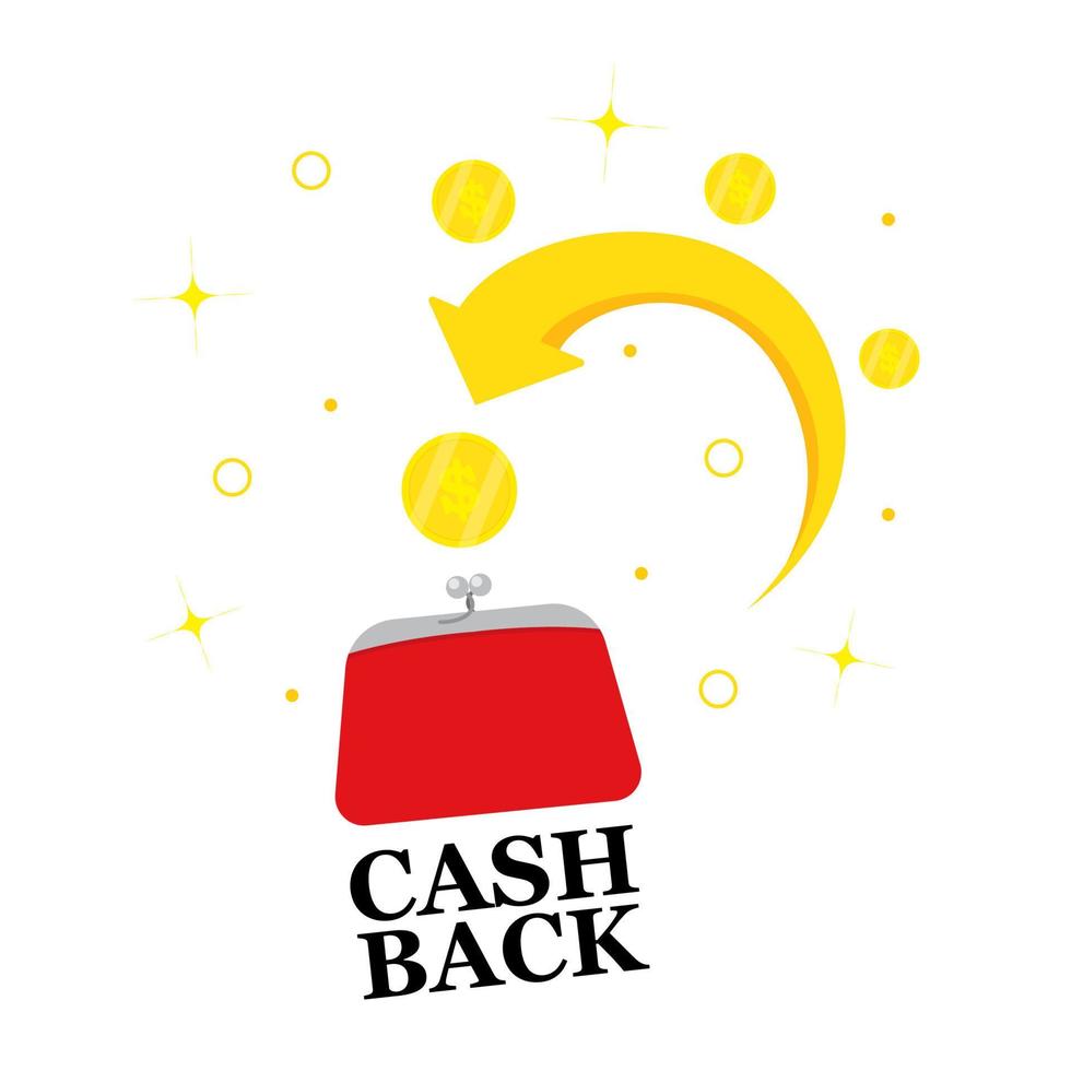 Konzept des Cashback-Treueprogramms. Brieftasche mit zurückgegebenen Münzen auf das Bankkonto. Geld-Service-Design zurückerstatten. Bonus-Cashback in Geldbörse Symbol Vektor Illustration