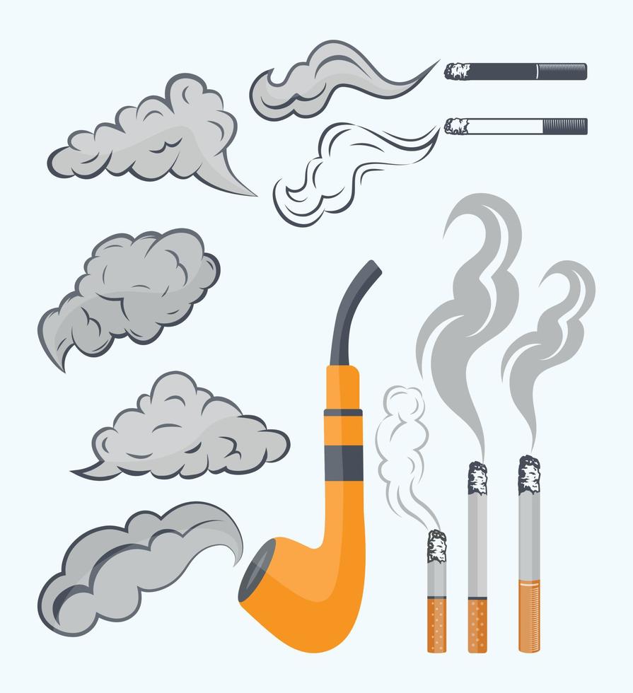 cigarett och rök clip art vektor set, vit bakgrund med premium vektor. rök 2d design och clipart med vit bakgrund.