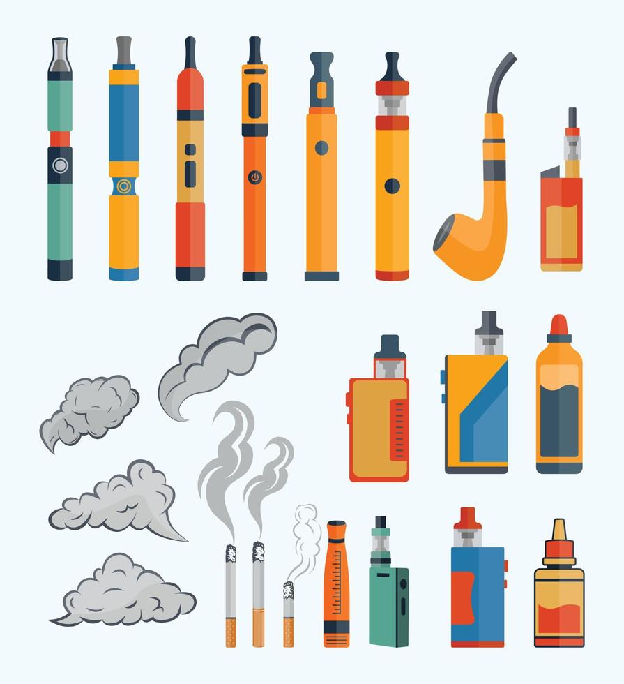 vape illustrationer clip art design, platt uppsättning elektroniska cigarett vektor ikoner för design, med premium vektor nedladdningsbar.