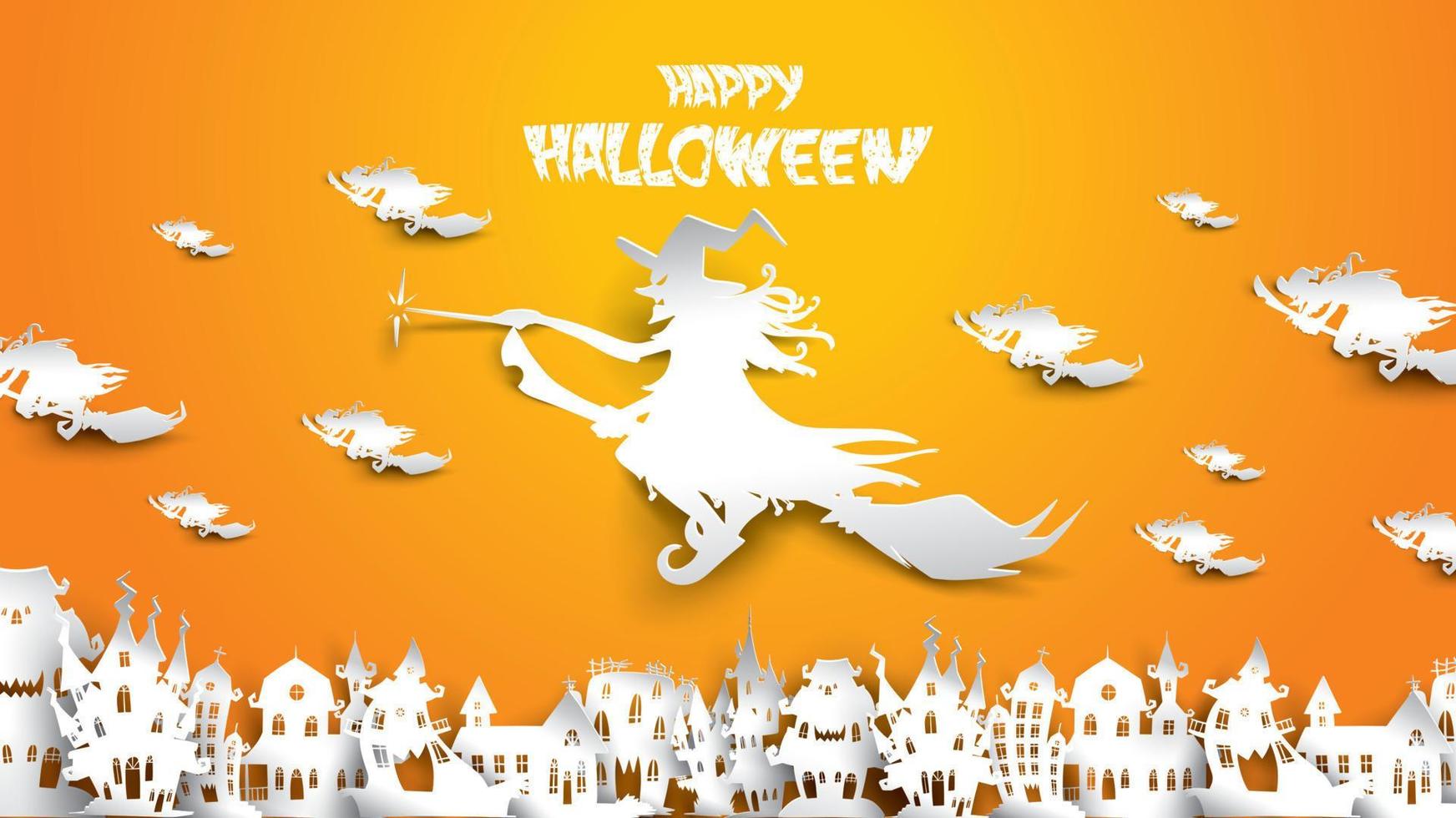 halloween bakgrund med häxa, spökhus och kvastskaft i papperskonstsnideristil. banner, affisch, flyer eller inbjudningsmall fest. vektor illustration.
