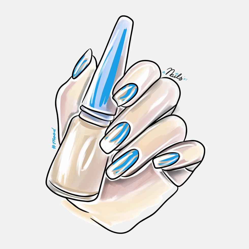 kvinnlig hand med långa naglar håller nagellack, trendig nageldesign vektor