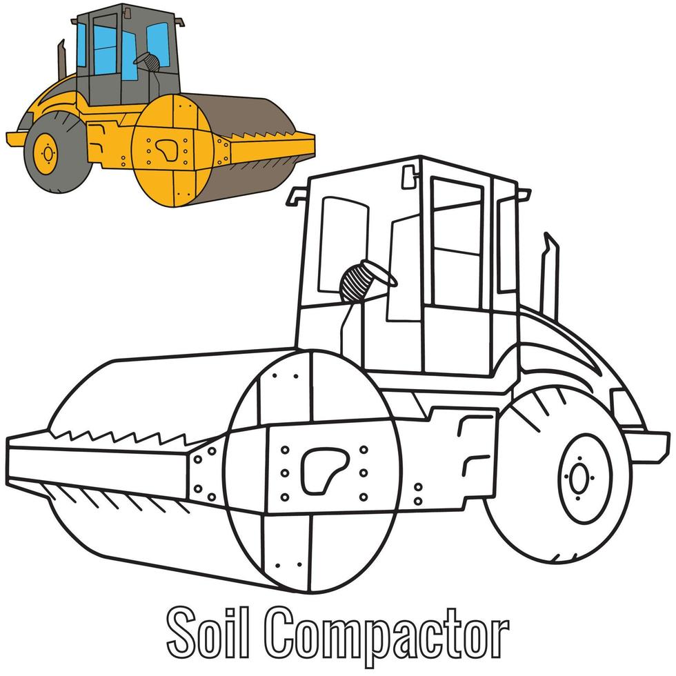 baufahrzeuge schwarz-weiß umriss. schwere geräte bodenverdichter logo, farbseite. vektor