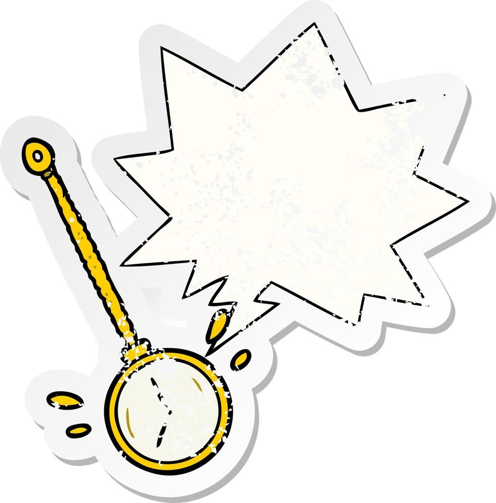 Cartoon schwingende goldene Hypnotiseur-Uhr und beunruhigter Aufkleber der Sprechblase vektor