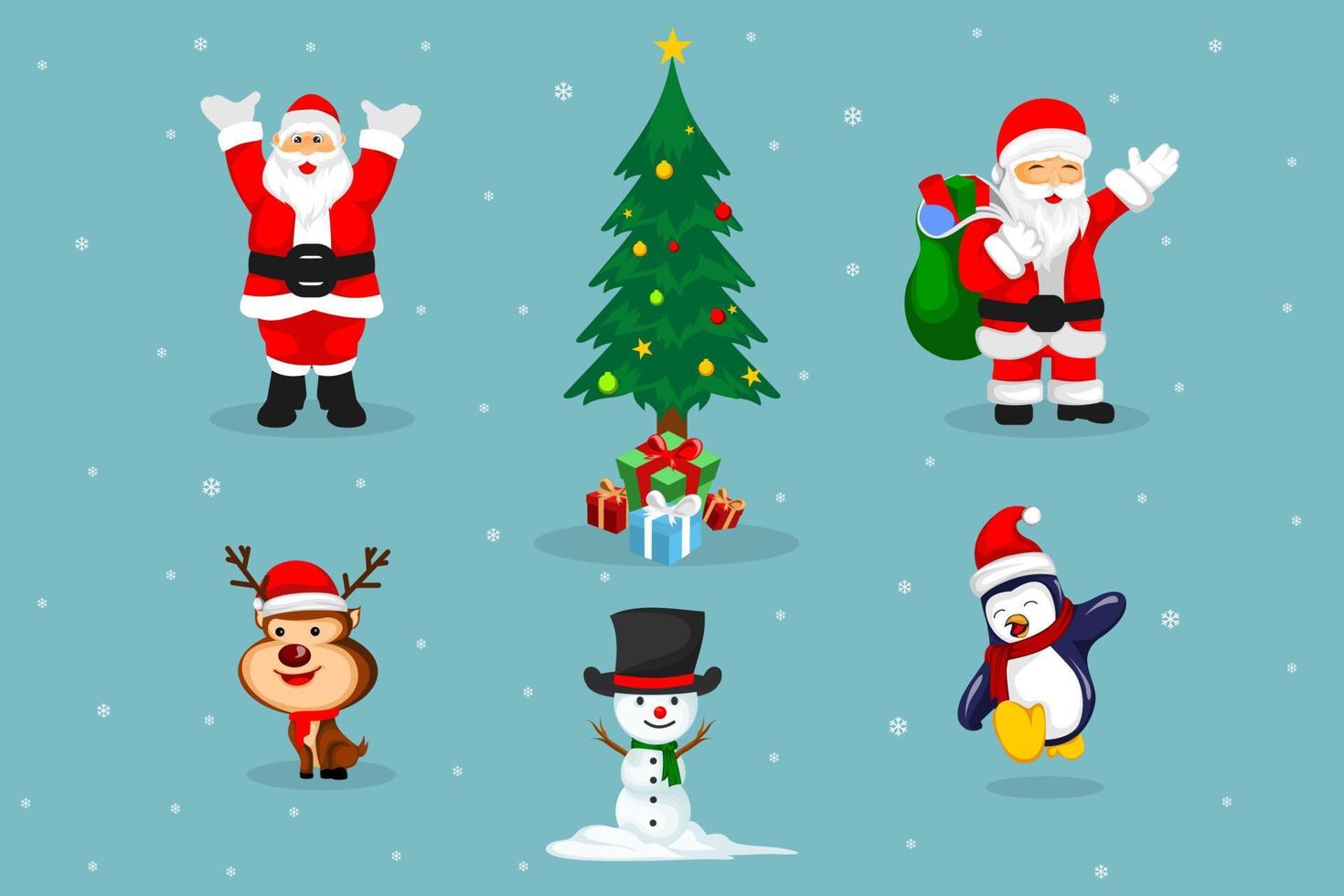 julset med jultomten, snögubbe, renar, pingvin och en julgran. vektor illustration.