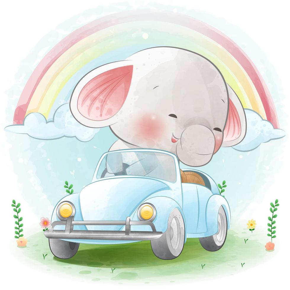 niedlicher elefant, der eine autokarikaturillustration fährt, für einbandbuch, druck, babyparty, kinderzimmerdekorationen, geburtstagseinladungen, poster, grußkarte vektor