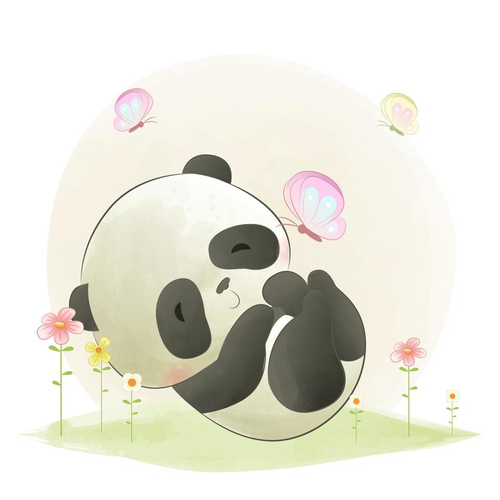 niedlicher kleiner panda, der mit schmetterlingsaquarellillustration spielt vektor