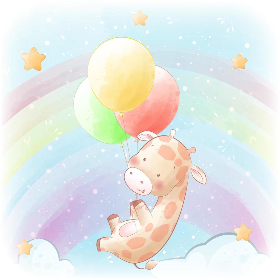 babyparty-grußkarte mit niedlicher giraffe, die auf luftballons fliegt vektor