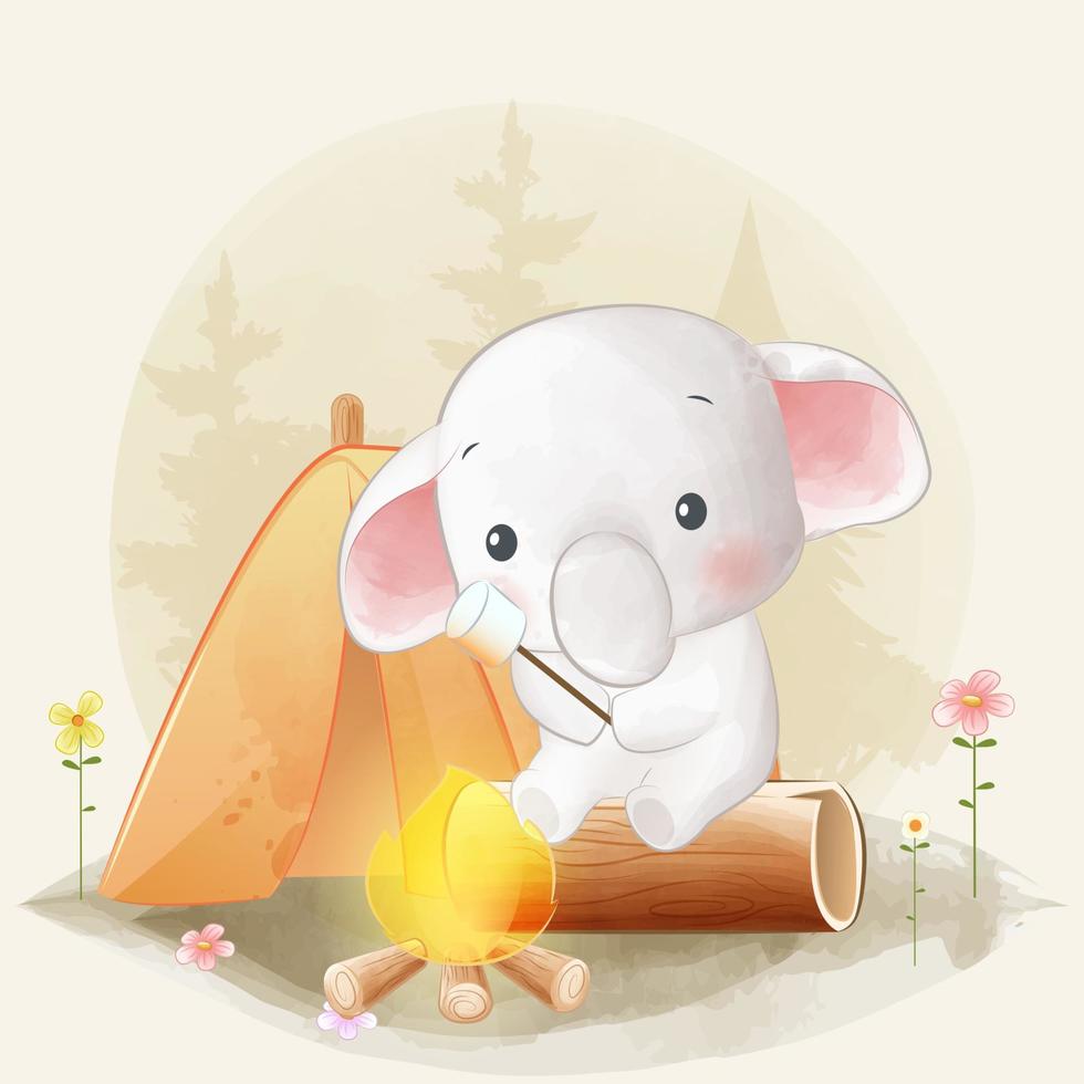 niedlicher elefant, der marshmallow auf lagerfeuer-aquarellillustration röstet vektor