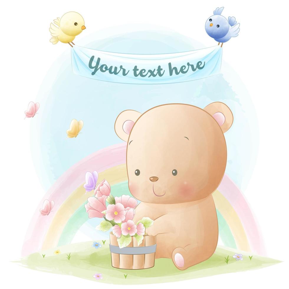 glücklicher teddybär mit blumenaquarellartillustration vektor