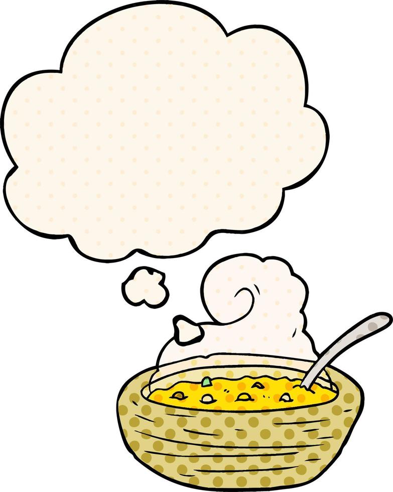 tecknad skål med varm soppa och tankebubbla i serietidningsstil vektor