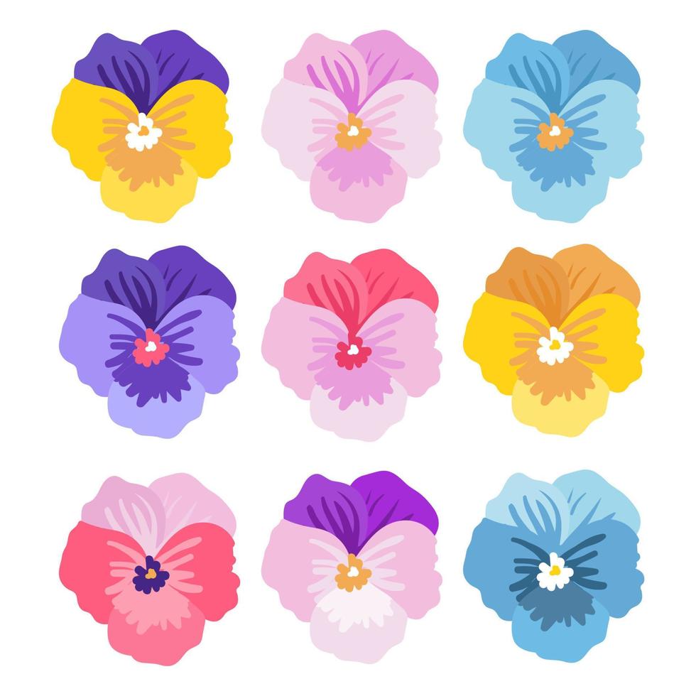 pansy blomma, viol, viola samling vektor tecknad illustration isolerad på vit bakgrund. blå, gula, lila växter set. botanisk design.