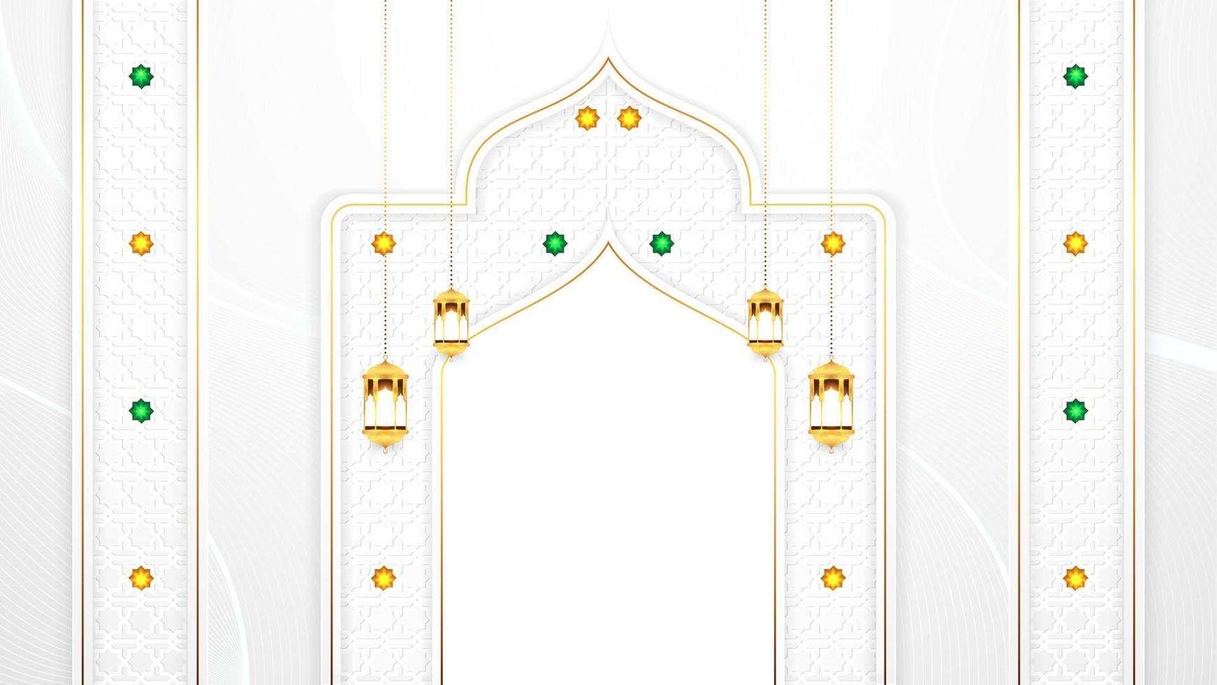 luxuriöser weißer und goldener ramadan kareem-grußhintergrund mit hängenden lampen und arabeskenmusterverzierung für grußkarte, banner, tapete, cover stock illustration vektor