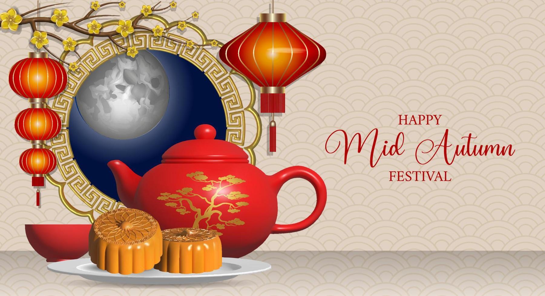 chinesisches mittherbstfestbanner mit teekanne, mondkuchen und roten laternen vektor