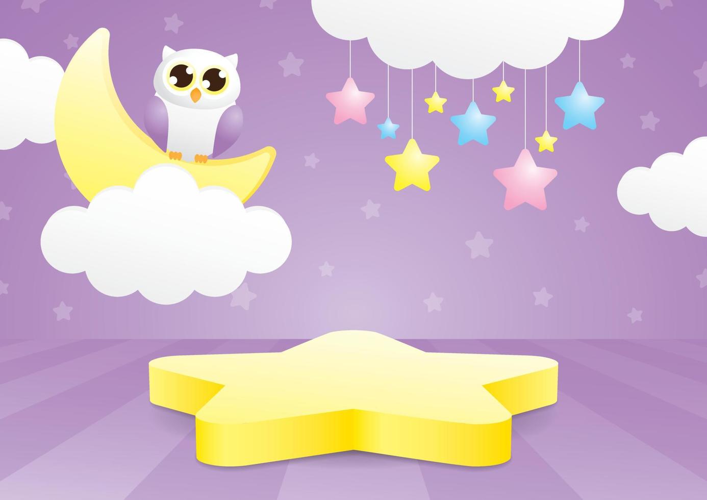 niedliches kawaii gold star podium display mit nachtszene besteht aus wolkeneulensternen und mond auf lila wand- und bodenhintergrund 3d-illustrationsvektor zum setzen ihres objekts vektor