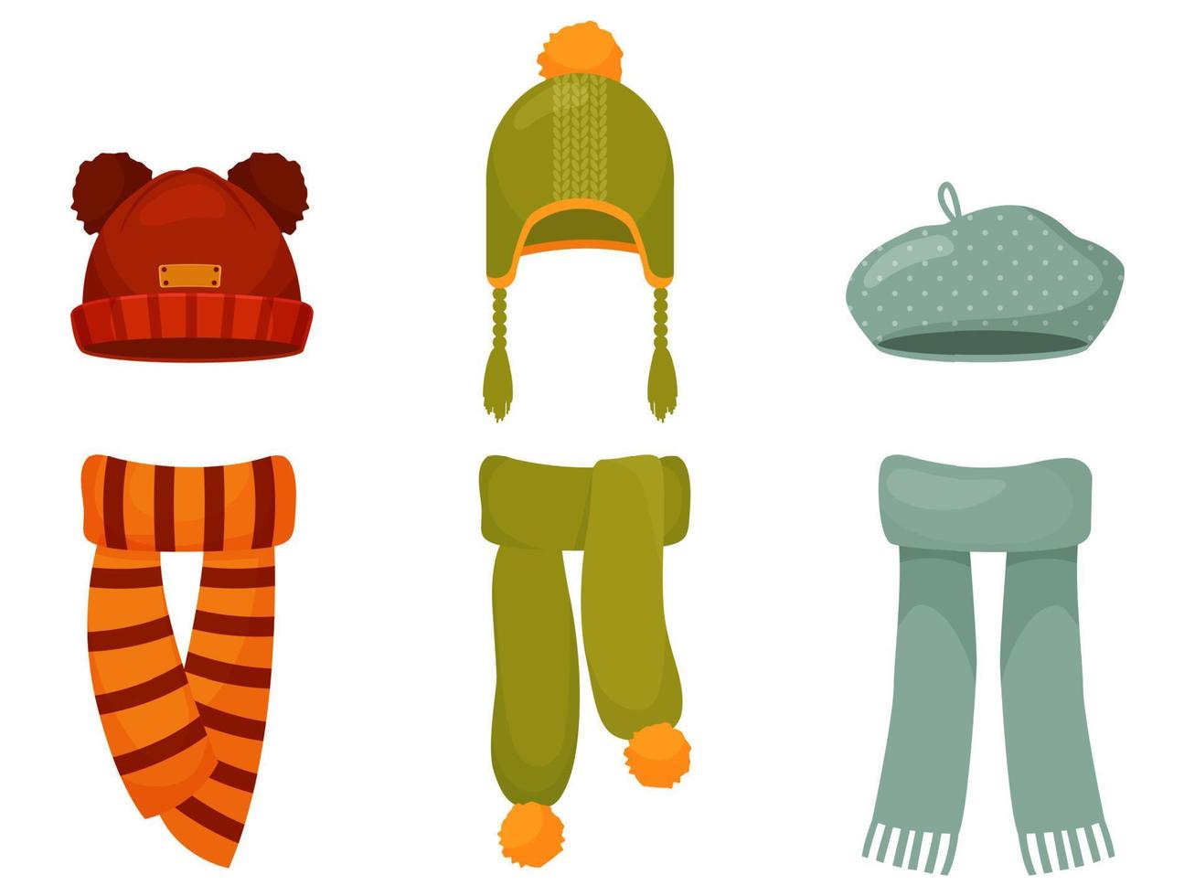 uppsättning barn vinter och höst hattar och halsdukar. vektor tecknad illustration för vinter eller höst design isolerad på en vit bakgrund.