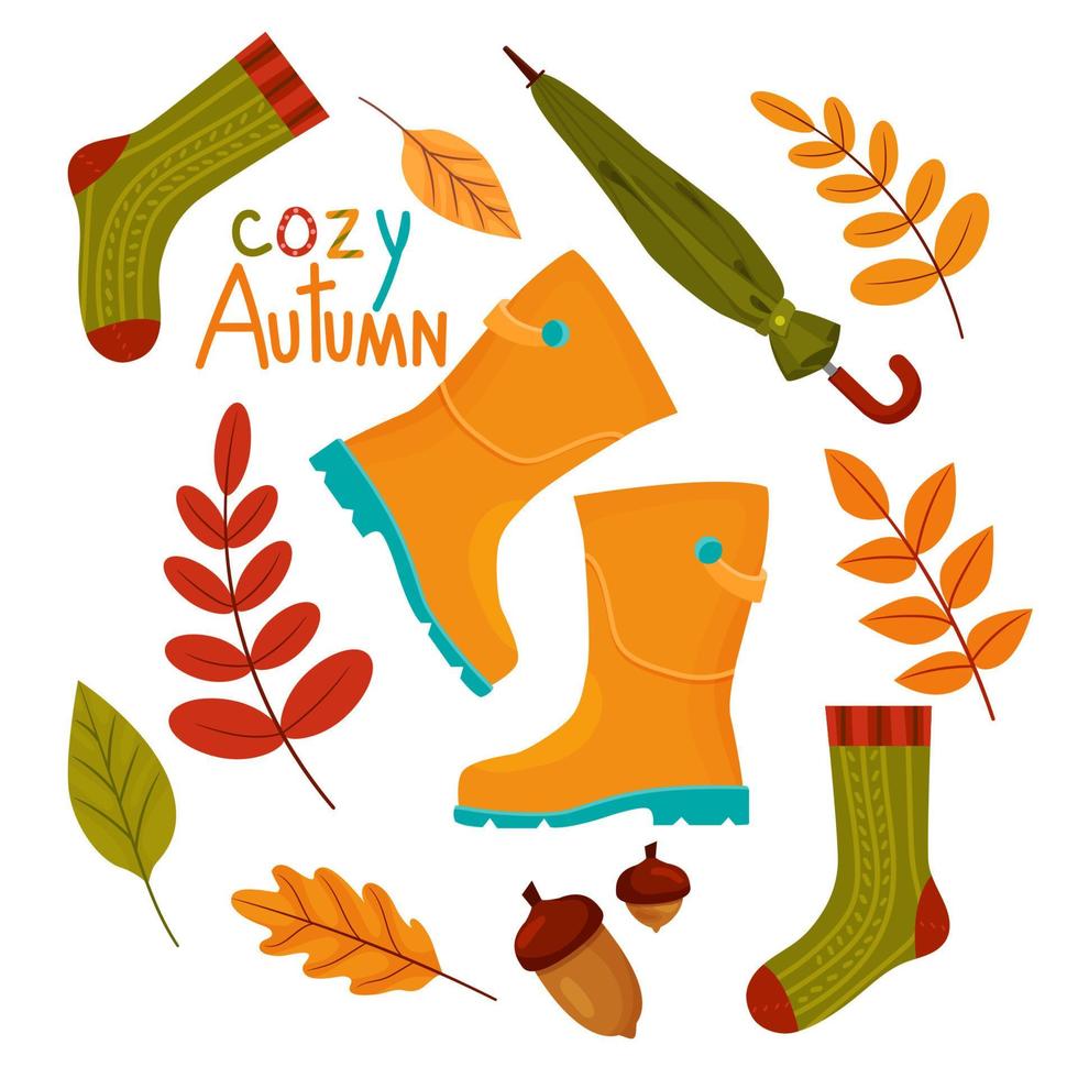 set mit blättern, socken, beschriftung gemütlicher herbst und gummistiefeln. vektorillustration lokalisiert auf dem weißen hintergrund für herbstkarikaturdesign. vektor