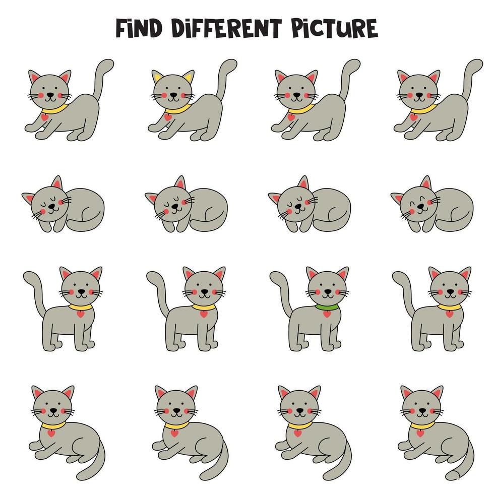 hitta grå katt som skiljer sig från andra. arbetsblad för barn. vektor