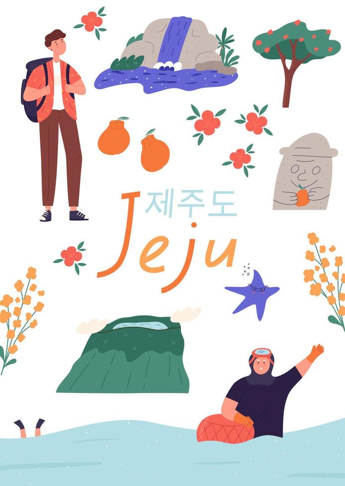 jeju-inselplakat mit wahrzeichen und symbolen, flache vektorillustration der karikatur. postkarte mit hallasan-berg, meer, haenyeo-frau, wasserfall, kamelienbaum und touristenmann mit rucksack. vektor