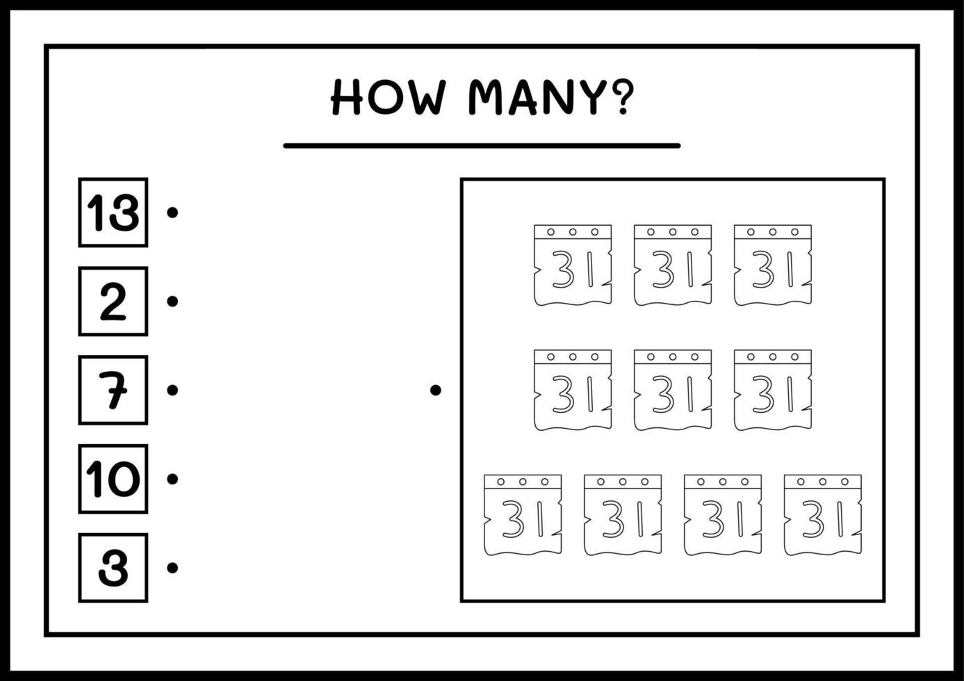 Wie viele Kalender, Spiel für Kinder. Vektorillustration, druckbares Arbeitsblatt vektor