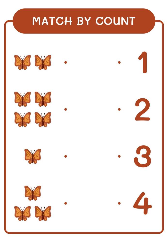 Übereinstimmung durch Zählung des Schmetterlings, Spiel für Kinder. Vektorillustration, druckbares Arbeitsblatt vektor