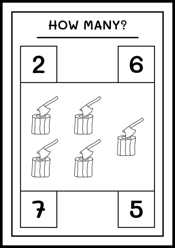 hur många stubbe med yxa, spel för barn. vektor illustration, utskrivbart kalkylblad