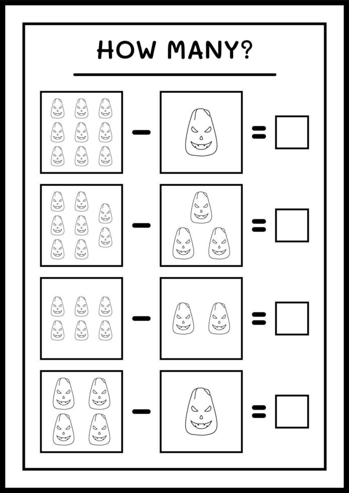 Wie viele Kürbisse, Spiel für Kinder. Vektorillustration, druckbares Arbeitsblatt vektor