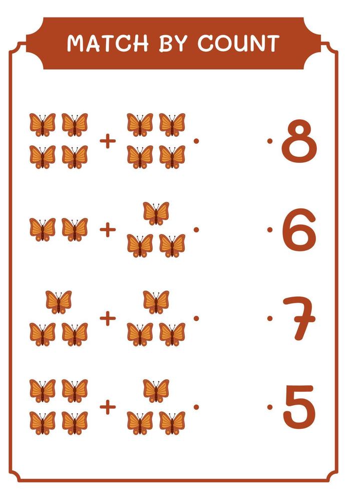 Übereinstimmung durch Zählung des Schmetterlings, Spiel für Kinder. Vektorillustration, druckbares Arbeitsblatt vektor