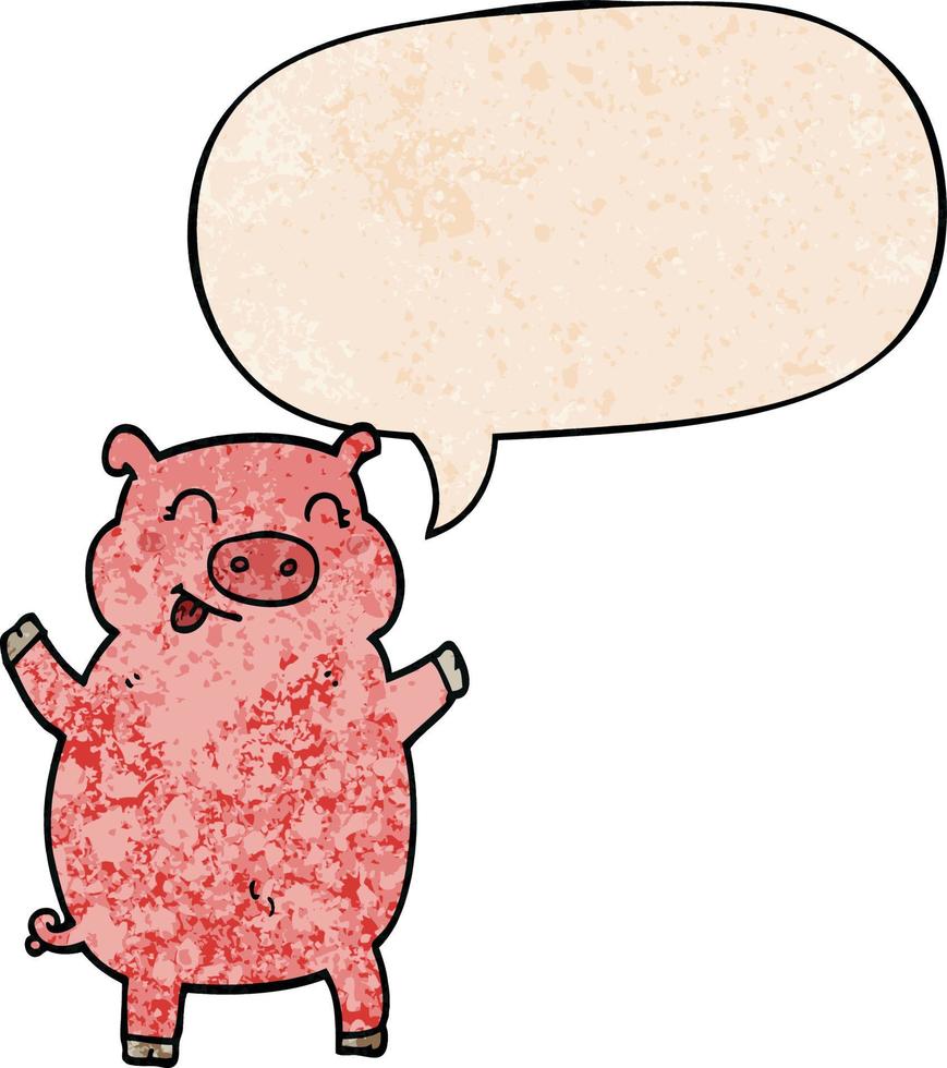 Cartoon-Schwein und Sprechblase im Retro-Textur-Stil vektor