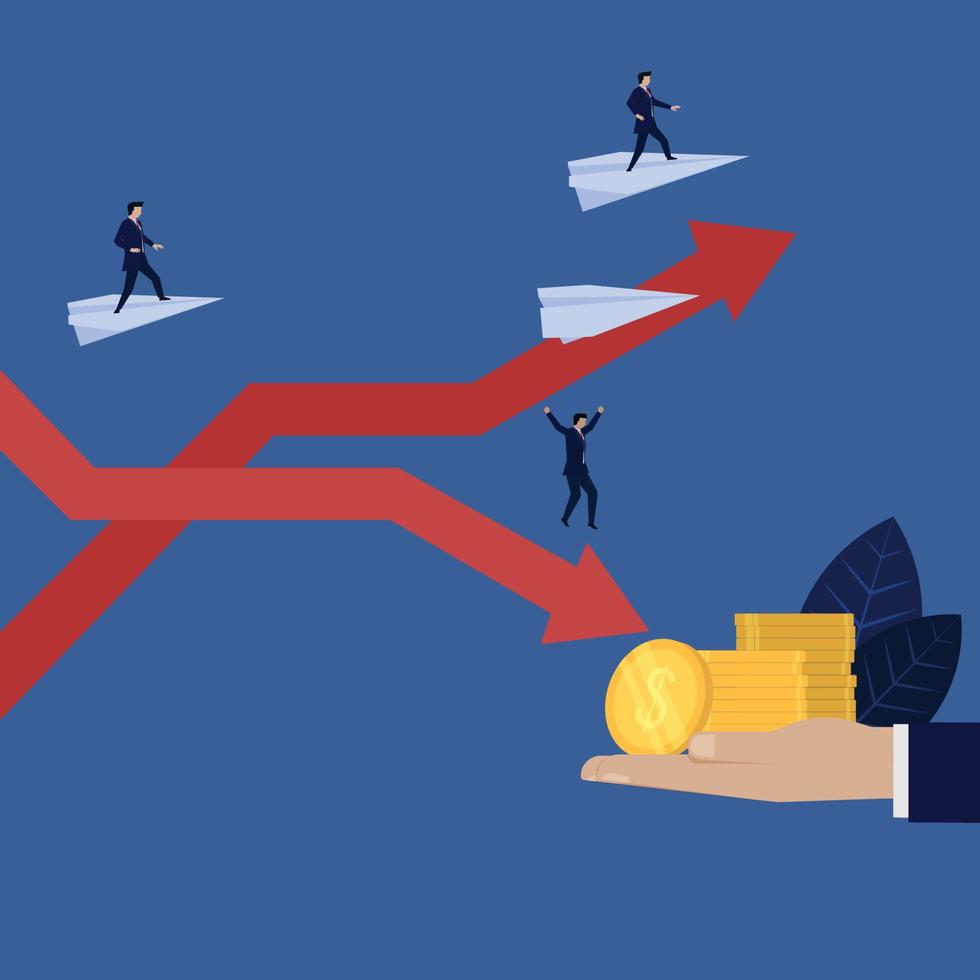 Unternehmen springen aus dem Flugzeug, um vorhandene Münzen zu erhalten, während andere noch fliegende Metapher des Risikos einer gefälschten Investition des Unternehmens.. vektor