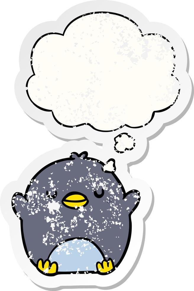 tecknad pingvin och tankebubbla som en nödställd sliten klistermärke vektor