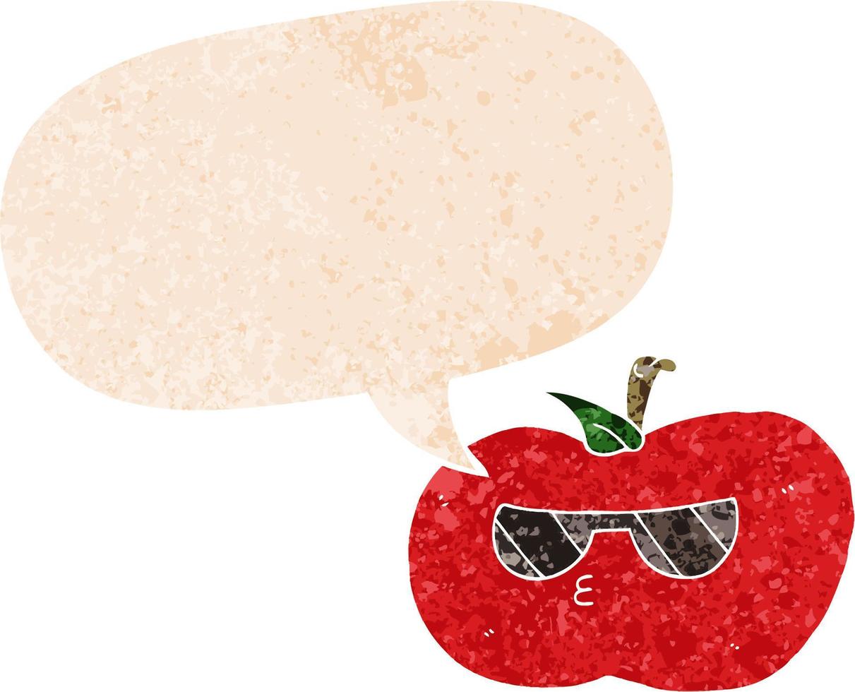 tecknad cool äpple och pratbubbla i retro texturerad stil vektor