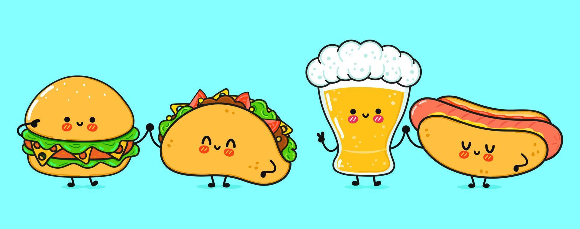 süßes, lustiges fröhliches glas bier, hot dog, hamburger, taco. Vektor handgezeichnete kawaii Zeichentrickfiguren, Illustrationssymbol. lustiges karikaturglas bier, hotdog, hamburger, taco-maskottchen-freundkonzept