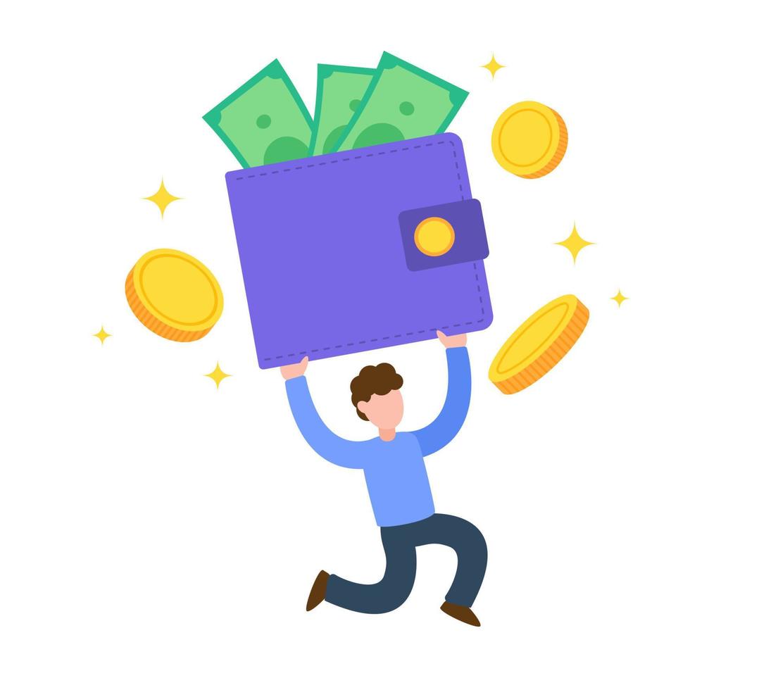 en man håller i en plånbok eller handväska med guldmynt och sedlar. kreativa finansiella koncept av rikedom, rik eller besparingar. enkel trendig söt tecknad vektorillustration. platt grafisk design. vektor