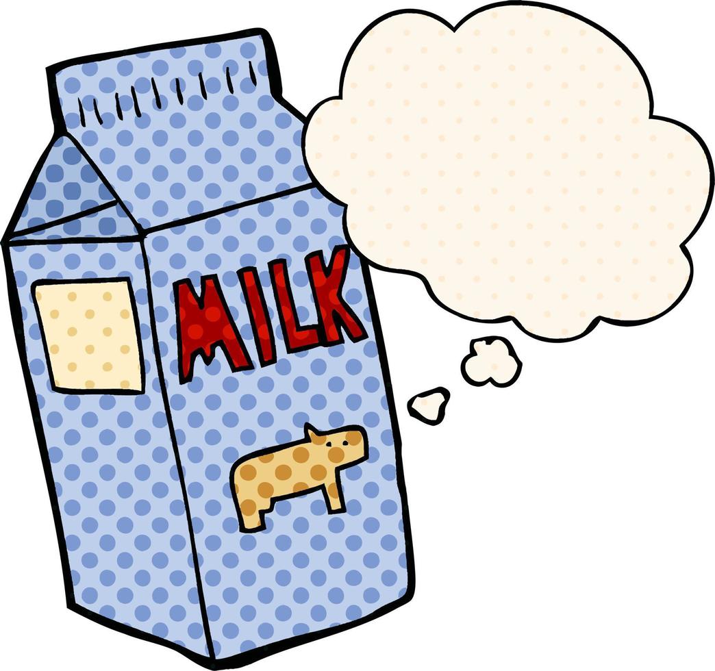 tecknad mjölkkartong och tankebubbla i serietidningsstil vektor
