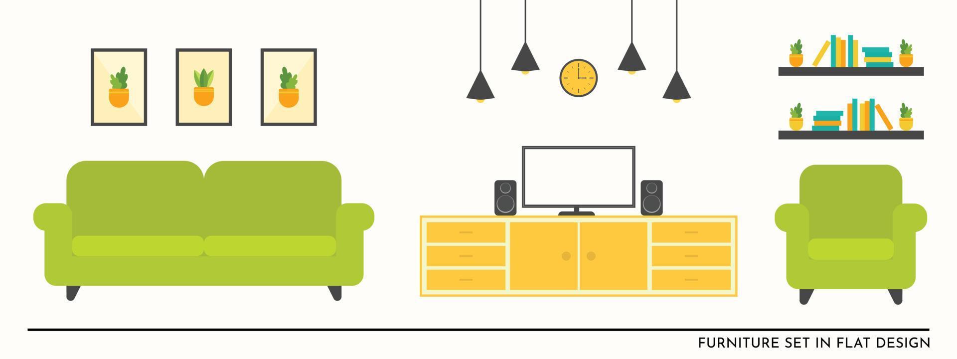 flacher möbelsatzvektor für wohnzimmerillustrationsdesign im grünen sofa und im gelben tisch vektor