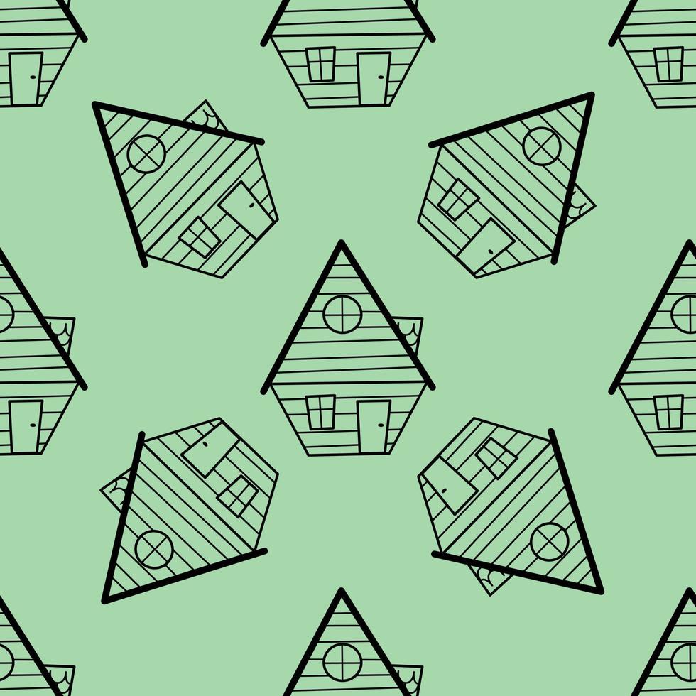 Nahtloses Vektormuster von Konturhäusern im Doodle-Stil auf grünem Hintergrund. vektor