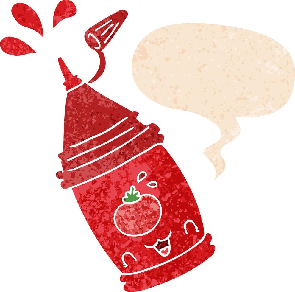 Cartoon-Ketchup-Flasche und Sprechblase im strukturierten Retro-Stil vektor