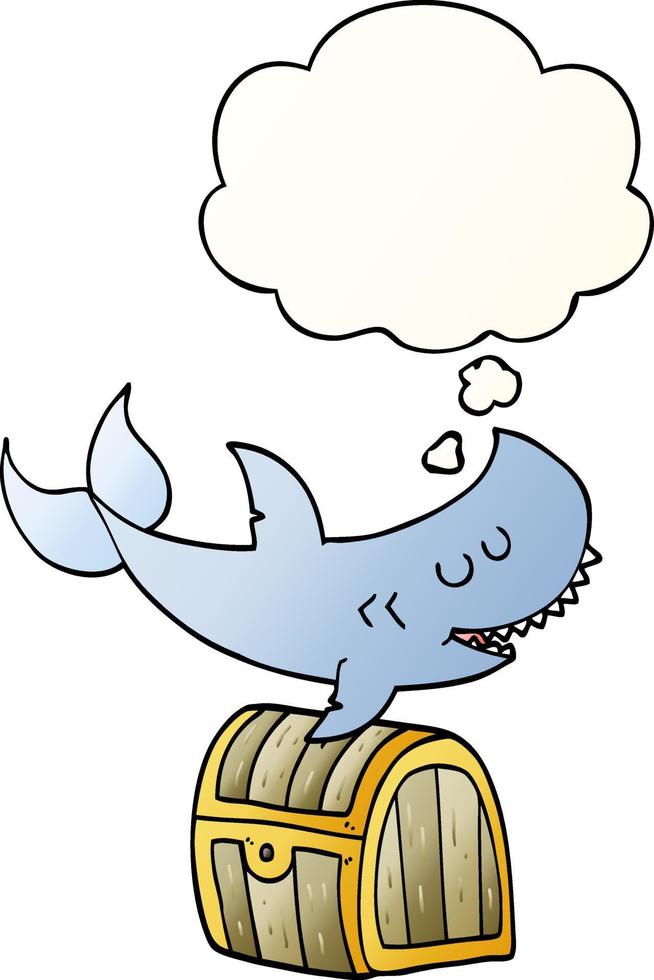 Cartoon-Hai schwimmt über Schatzkiste und Gedankenblase in glattem Farbverlauf vektor
