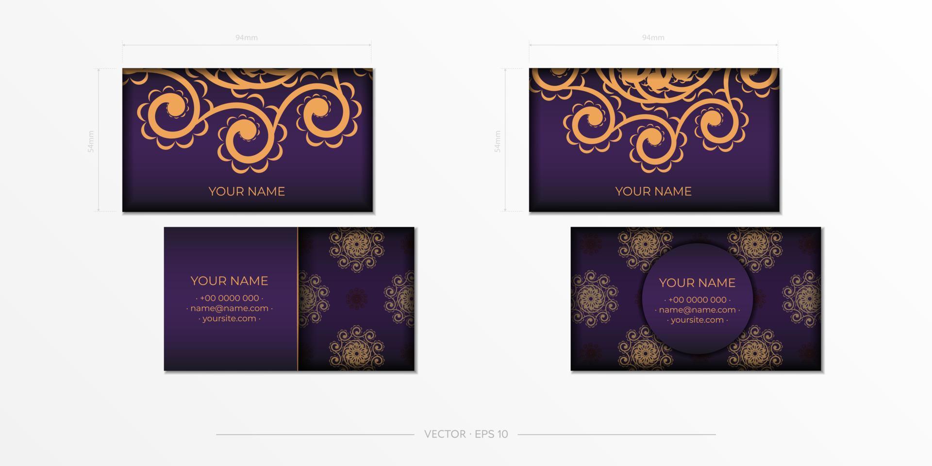 lila visitenkartenschablone mit dekorativen verzierungen visitenkarten, orientalisches muster, illustration. vektor