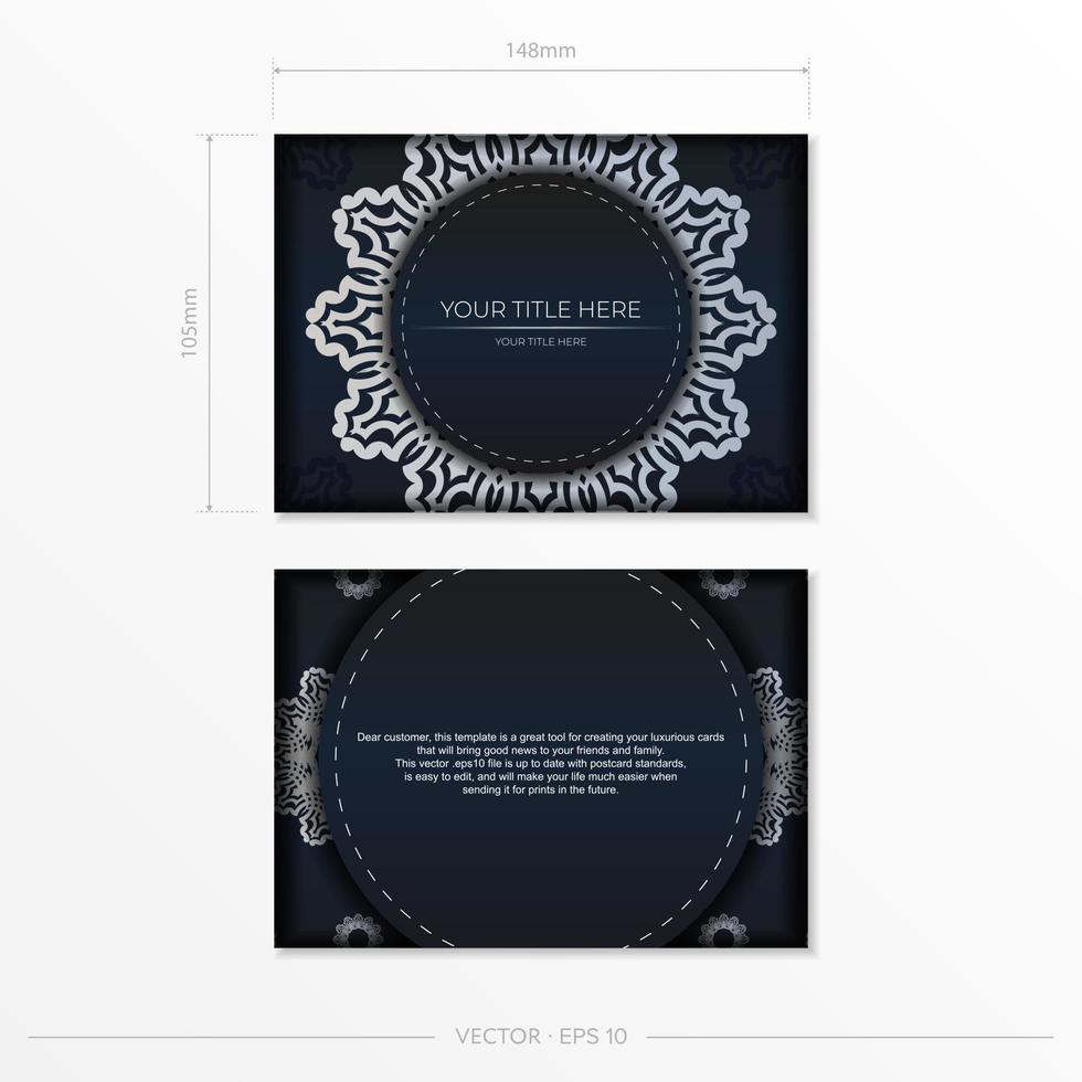 dunkelblaue Postkartenschablone mit weißer abstrakter Verzierung. elegante und klassische vektorelemente bereit für druck und typografie. vektor