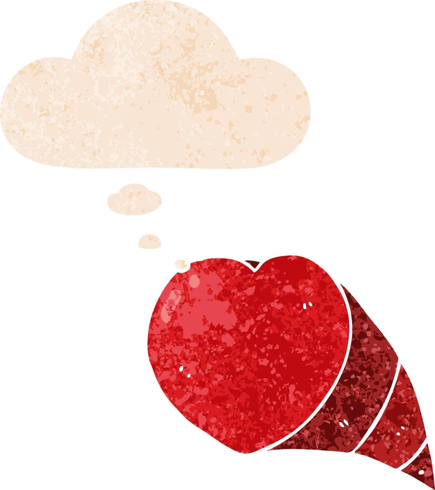 tecknad kärlek hjärta symbol och tankebubbla i retro texturerad stil vektor